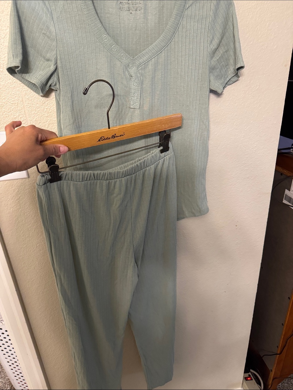 Ribbed Short-Sleeve Pajama Set in Light Sage - Unbranded